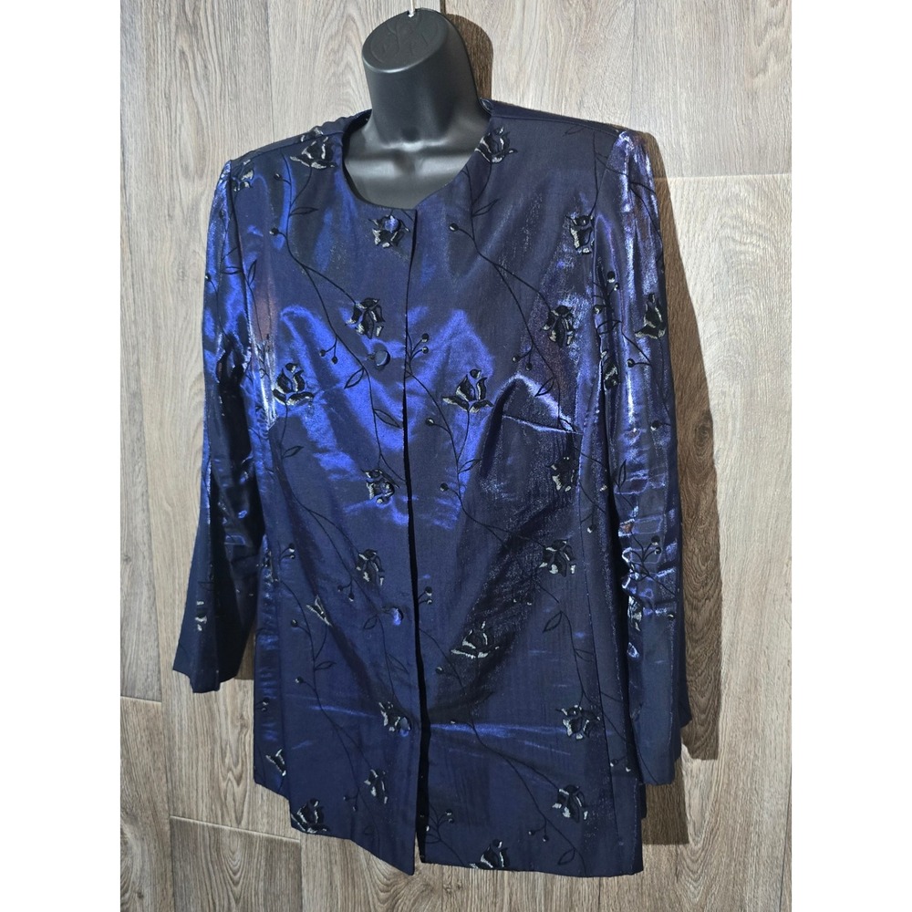 Jessica Howard Vintage Jacket Blazer Shiny Blue Black Floral Brocade Size 16